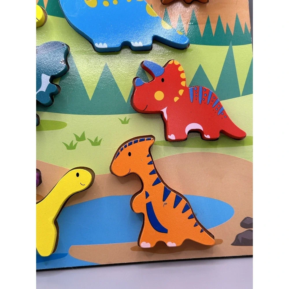 Wooden Arts Raised Chunky Dinosaurs Preschool 8 Pieces Wood TRAY Puzzle Colorful